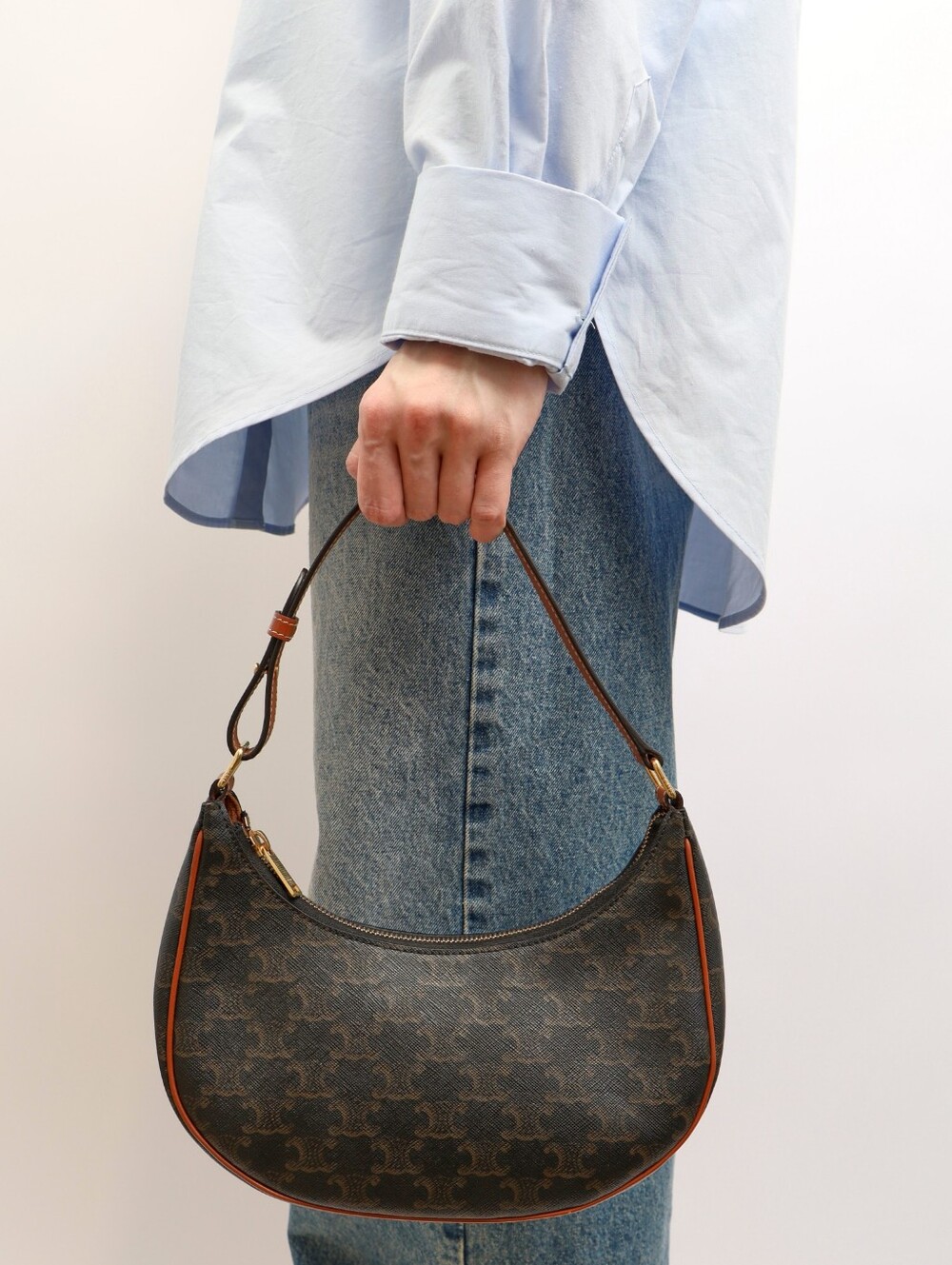 Brand NEW!! Celine Ava Strap Bag in Triomphe Canvas Calfski. LEATHER Moon Unused